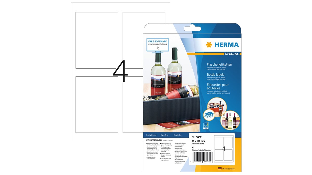 90 x 120 mm, 10 Blatt, Papier, glänzend 40 Klebeetiketten permanent haftende Inkjet Aufkleber selbstklebend HERMA 8882 Flaschen-Etiketten für Tintenstrahldrucker DIN A4 weiß bedruckbar 