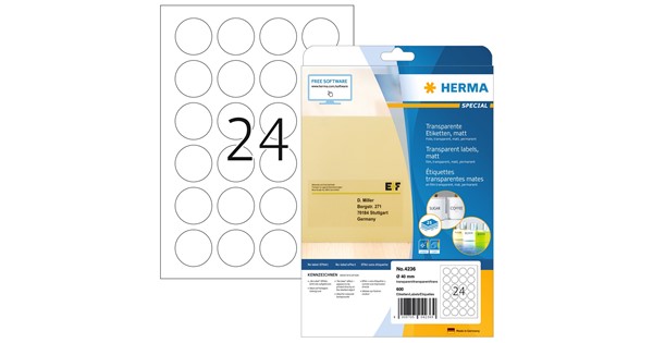 HERMA 2279 Seal Labels Perforated Extra Strong Adhesive Matte Film 240 Labels Round 32 mm Transparent, 32 mm,Transparent