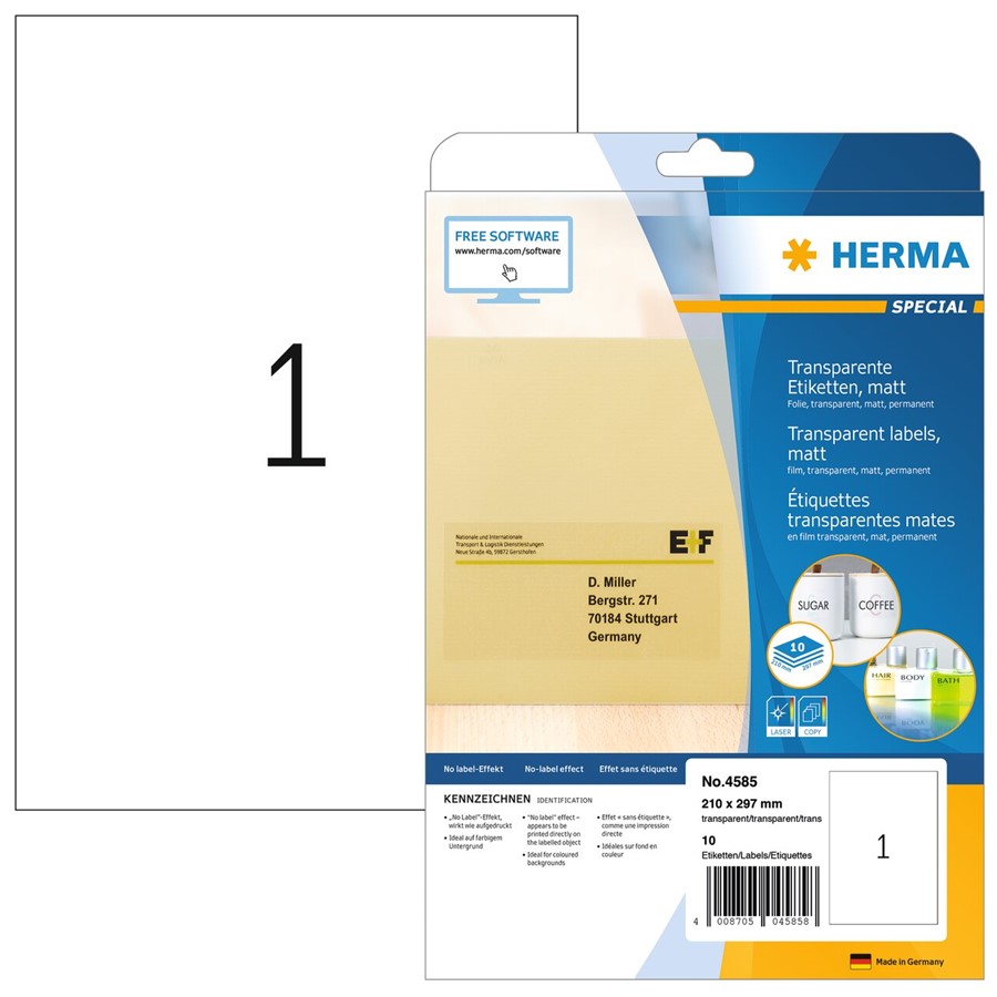 HERMA 4585 - Transparente Folien-Etiketten, matt, A4, 210 x 297 mm