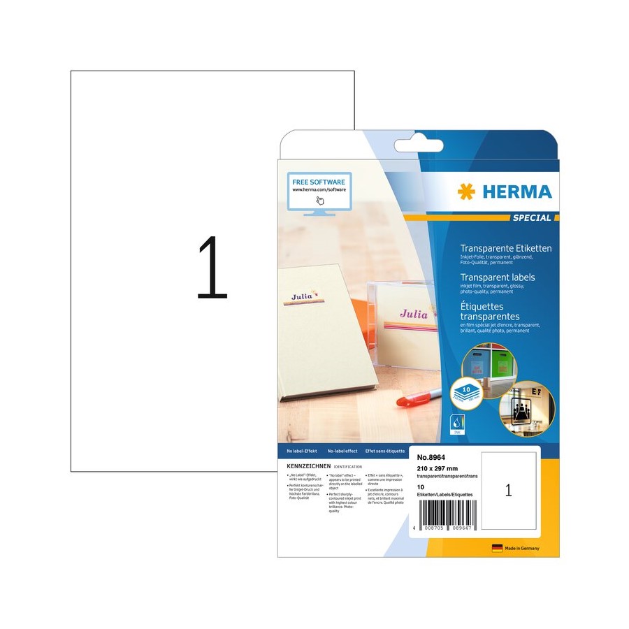 HERMA 8964 Clear Self-Adhesive Film Labels - 10 A4 Sheets, Weatherproof Inkjet Labels, Transparent Stickers