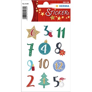 HERMA Decor Weihnachtssticker, Adventskalenderzahlen 1-24, Weihnachts-Symbole, beglimmert