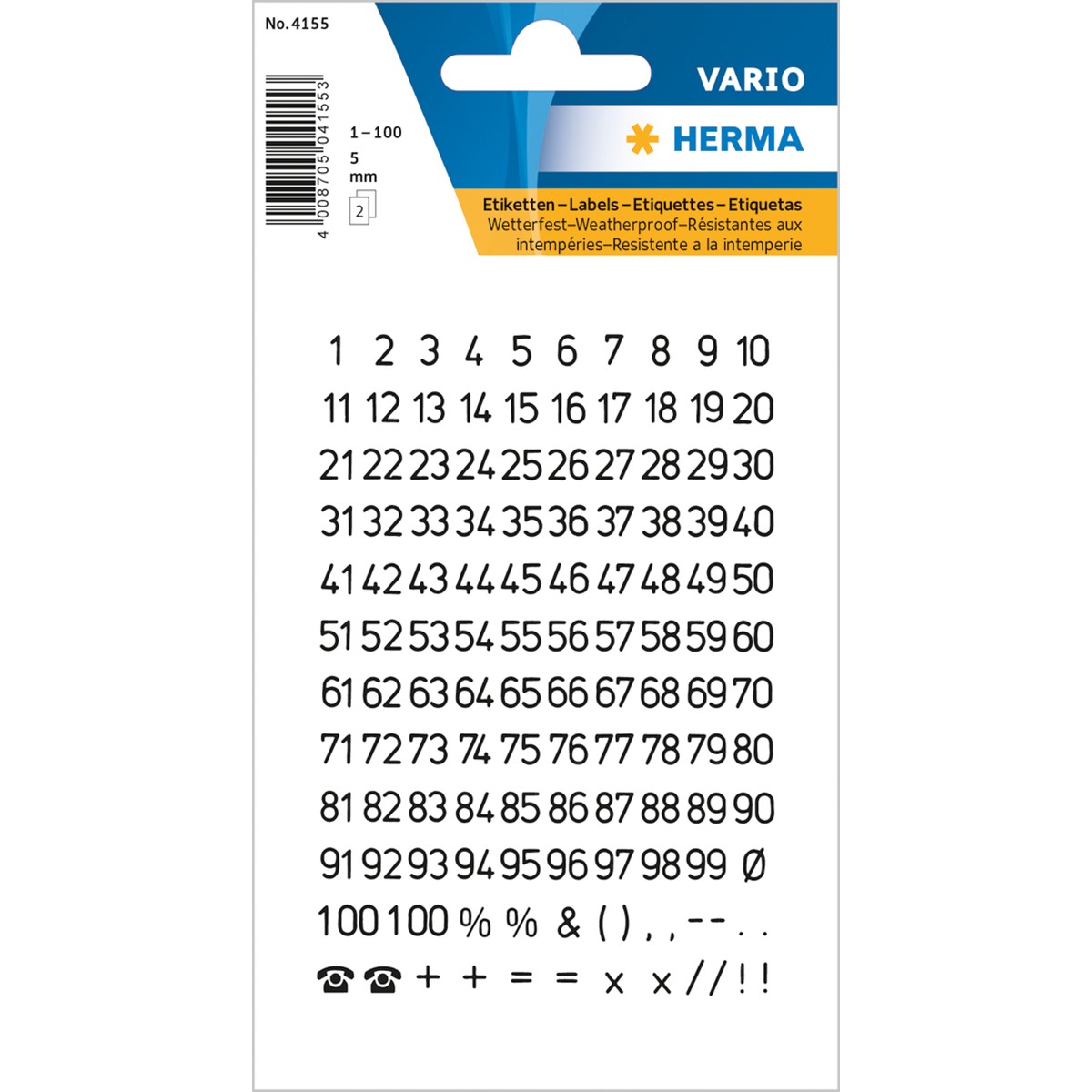 HERMA 4155 - Zahlen Etiketten, schwarz/transparent, 5 mm, 2 Blatt