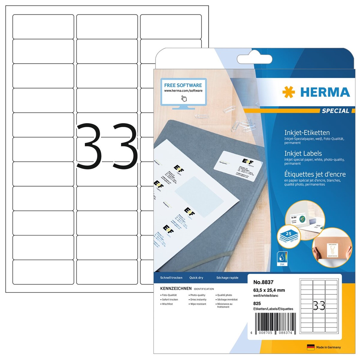 planches A4 de 33 étiquettes imprimante 63,5 x 25,4 code 8837